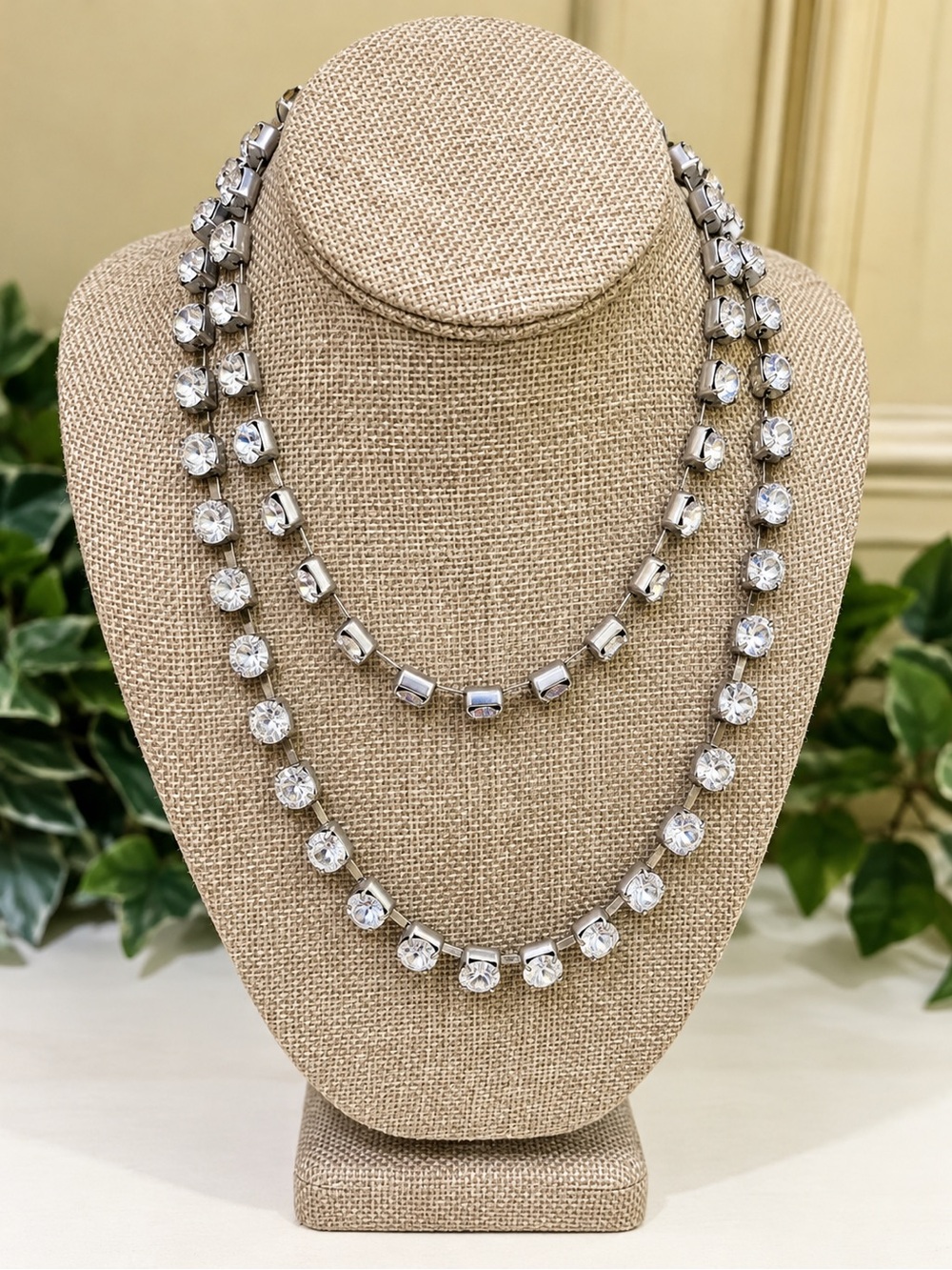 Silver Tone Clear Rhinestone Double Strand Statement Necklace 18” + Extender